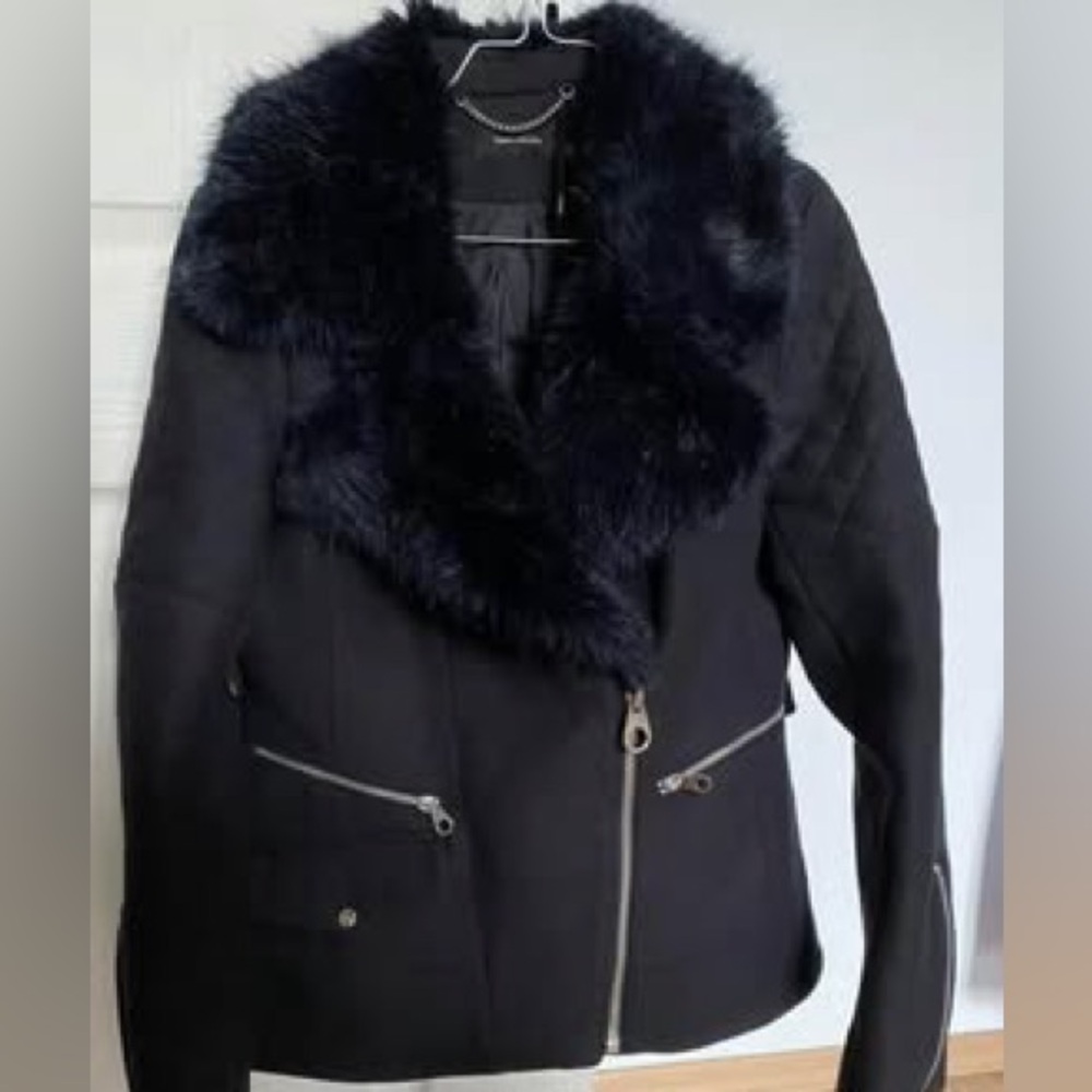 Karen Millen Black Teddy Jacket with Faux Fur Collar